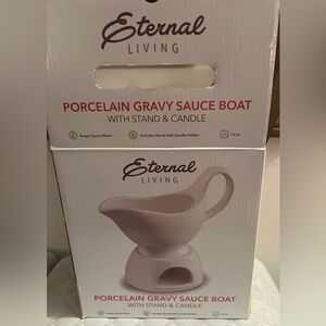 Eternal Living Porcelain Gravy Sauce Boat with Stand & Candle New in box